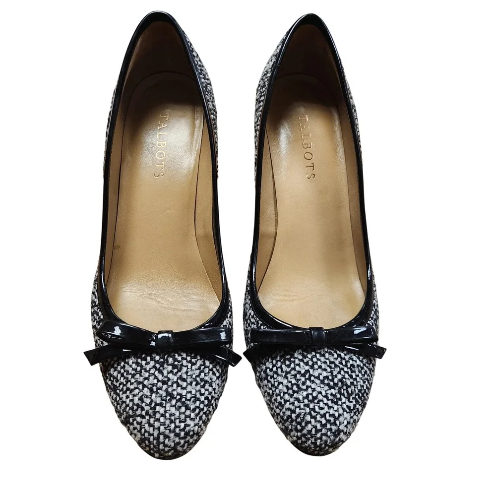 Talbots Black White Tweed Bow Pumps Heels Leather Sole Size 9M Womens Dress Shoe